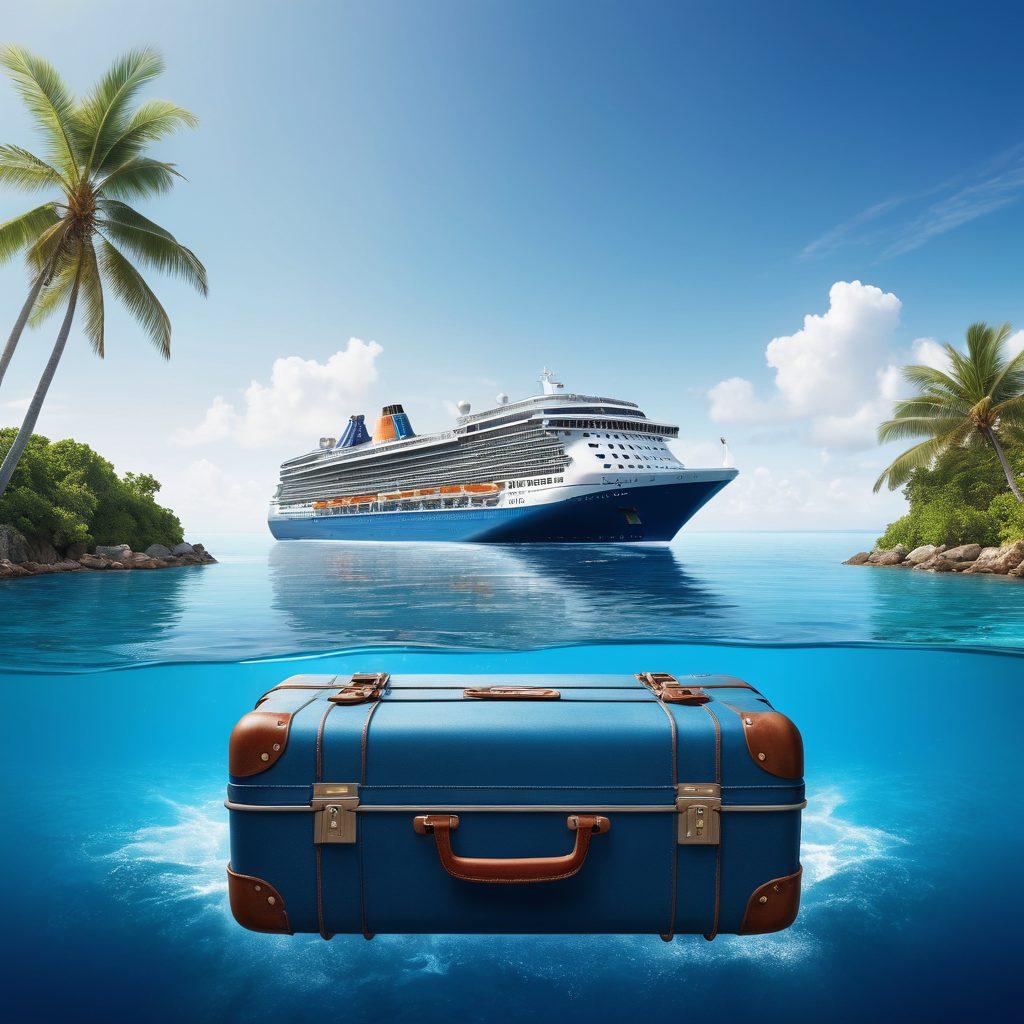 A serene cruise ship sailing through calm blue waters under a bright sky, with a protective shield icon overlay symbolizing insurance. Surrounding the ship, various travel elements like a suitcase, passport, and tropical island in the background convey a sense of adventure and safety. Emphasize the harmony of travel and protection. super-realistic. vibrant colors. white background.