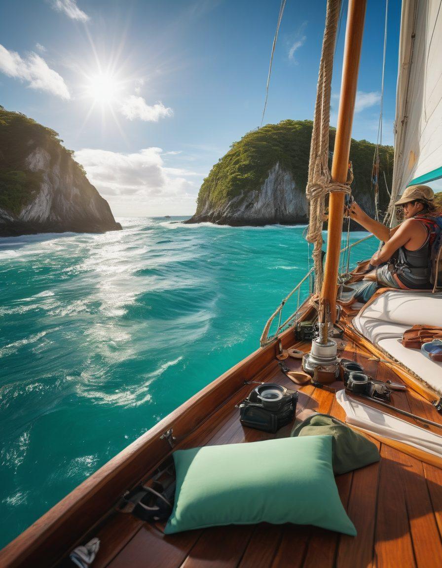 A dynamic scene showcasing a diverse group of travelers on a vibrant sailboat navigating through the magnificent turquoise waves of the ocean, surrounded by lush green islands and a bright sunny sky. Include travel essentials like a map, binoculars, and a camera scattered around the deck, capturing the spirit of adventure and exploration. super-realistic. vibrant colors. dynamic composition.