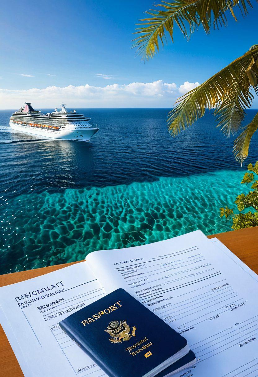 A serene ocean scene with a cruise ship navigating calm waves under a clear blue sky. In the foreground, a travel insurance document is artistically blended with travel essentials like a passport, sunglasses, and sunscreen. The background showcases a distant tropical island, symbolizing adventure and peace of mind. sunlit reflections on water add a touch of warmth and optimism. vibrant colors. super-realistic.